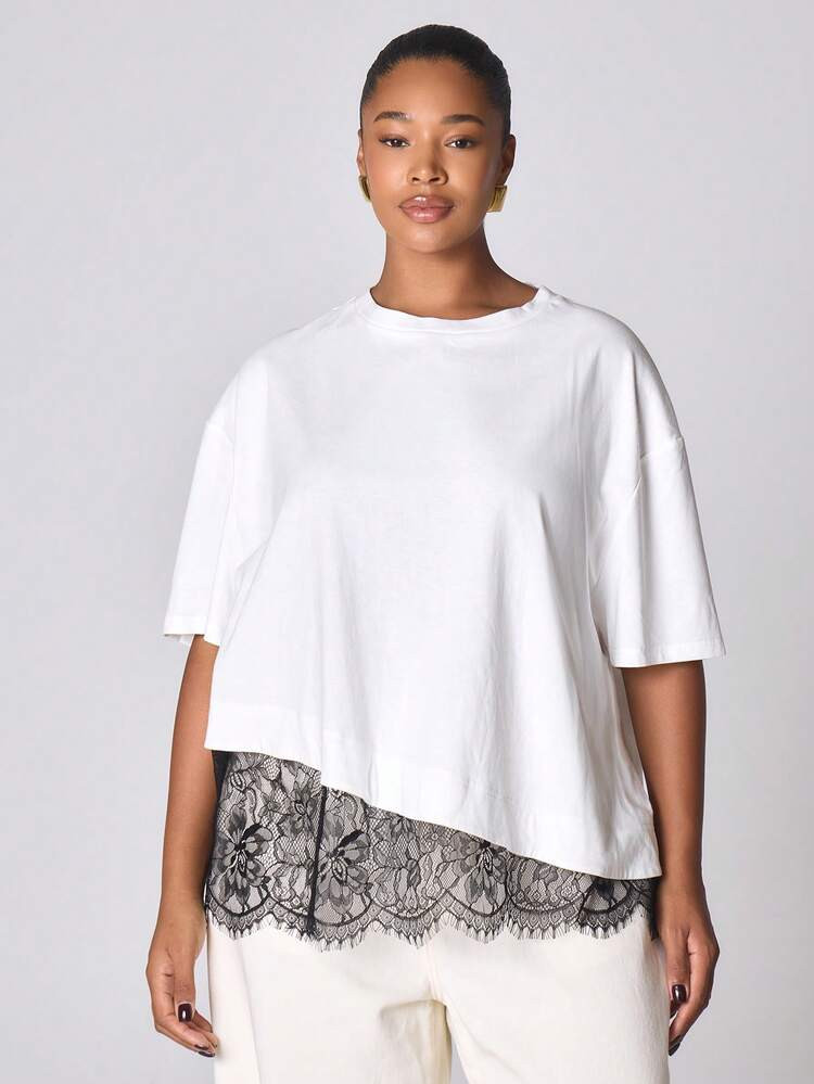 MUSERA Lace Hem Trim Oversized Tshirt NewYear Cute Sexy Going Out Evening Party Accented Spring Summer | SHEIN