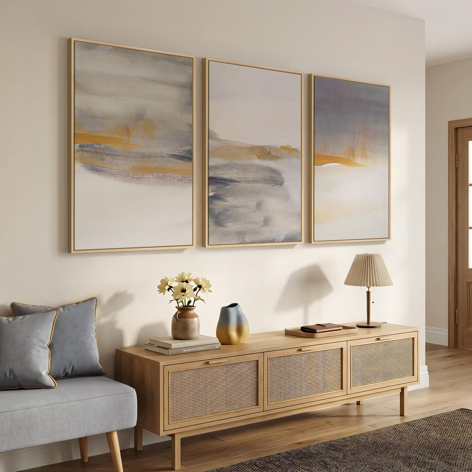 Framed Large Neutral Abstract Wall Art, Set of 3 Canvas Modern Prints Paintings, Minimalist Lands... | Amazon (US)