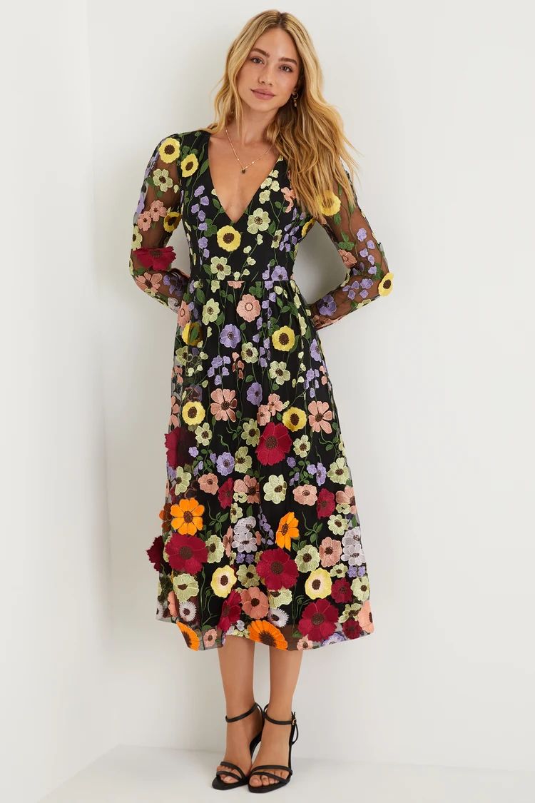 Impressive Blossom Black 3D Floral Embroidered Midi Dress | Lulus