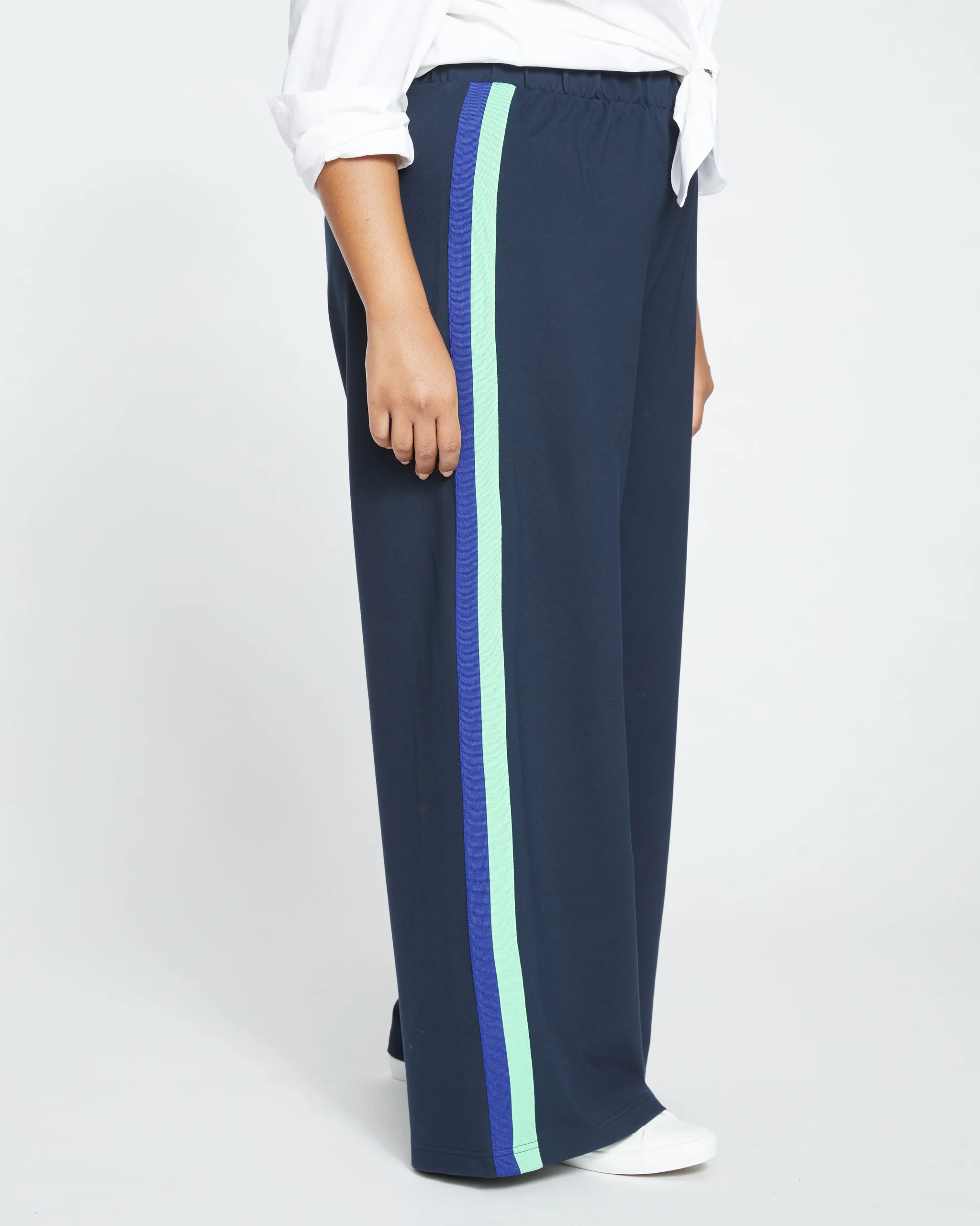 Stephanie Wide Leg Stripe Ponte Pants 30 Inch - Navy with Absinthe/Navy Stripe | Universal Standard