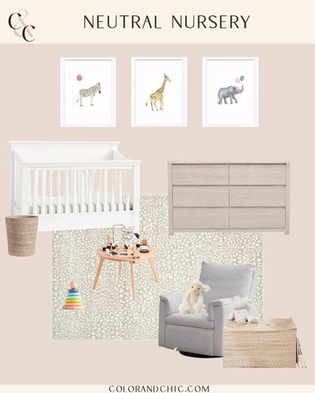 Neutral nursery design with white convertible crib, animal paintings, glider and more! Love this design for baby boy or girl. 

#LTKhome #LTKbaby #LTKstyletip