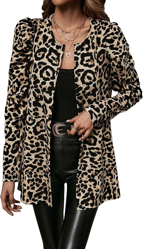 Milumia Women's Leopard Print Puff Long Sleeve Work Blazer Open Front Cardigan Jacket | Amazon (US)