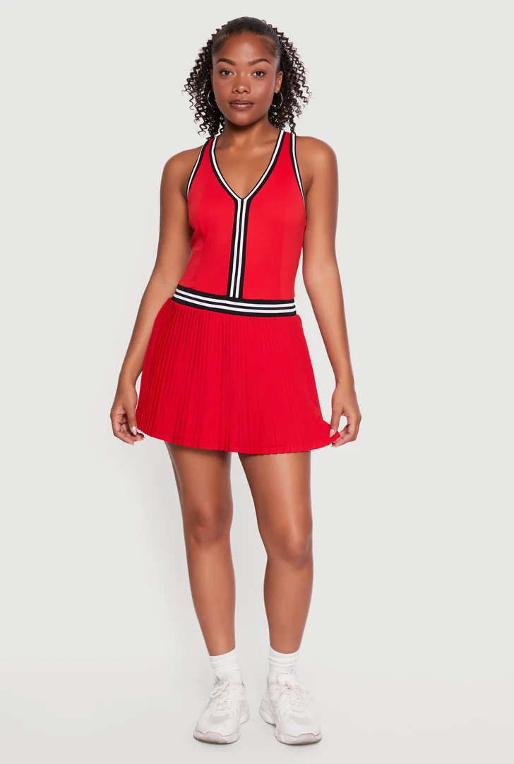 Varsity Stripe Racerback Pleated Tennis Dress with Shorts Lining | Rainbow Shops