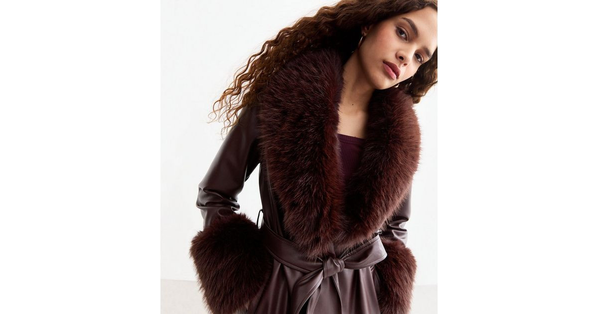 Burgundy Leather-Look Faux Fur Collar Belted Coat
						
						Add to Saved Items
						Remove fr... | New Look (UK)