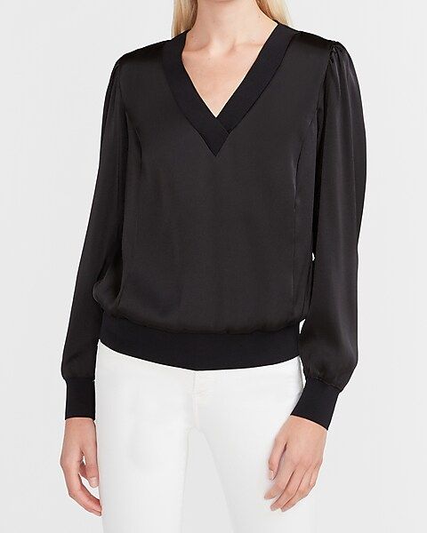 Satin Ribbed Trim V-Neck Top | Express