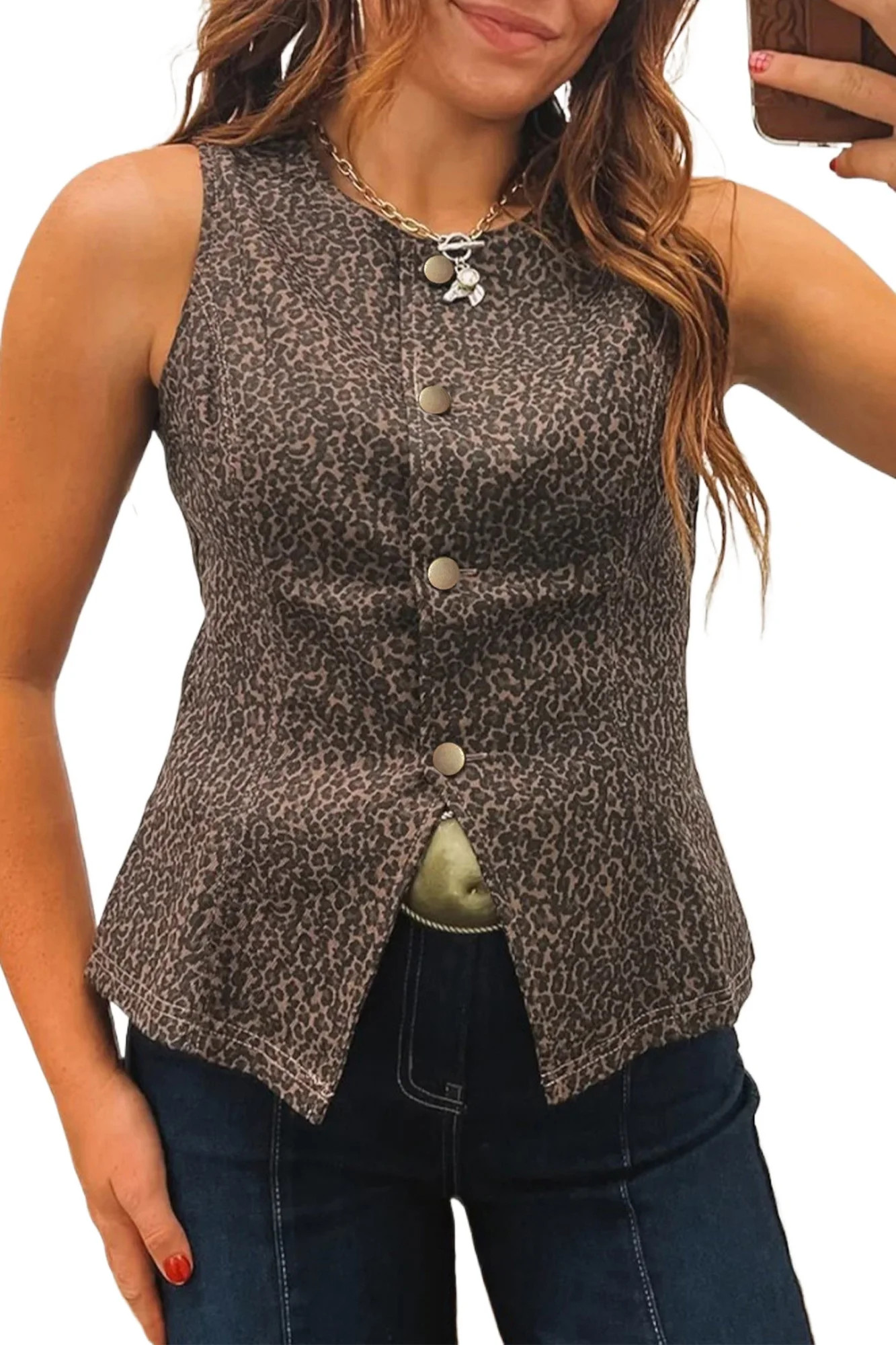 Trendy Brown Leopard Print Denim Vest – Stylish Button Front for Daily Wear, S - Walmart.com | Walmart (US)
