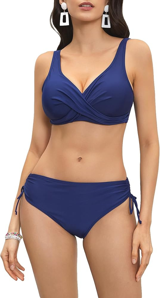 SweatyRocks Women's 2 Piece Bikini Set Drawstring Ruched Criss Cross Bathing Suits Swimsuit Set | Amazon (US)