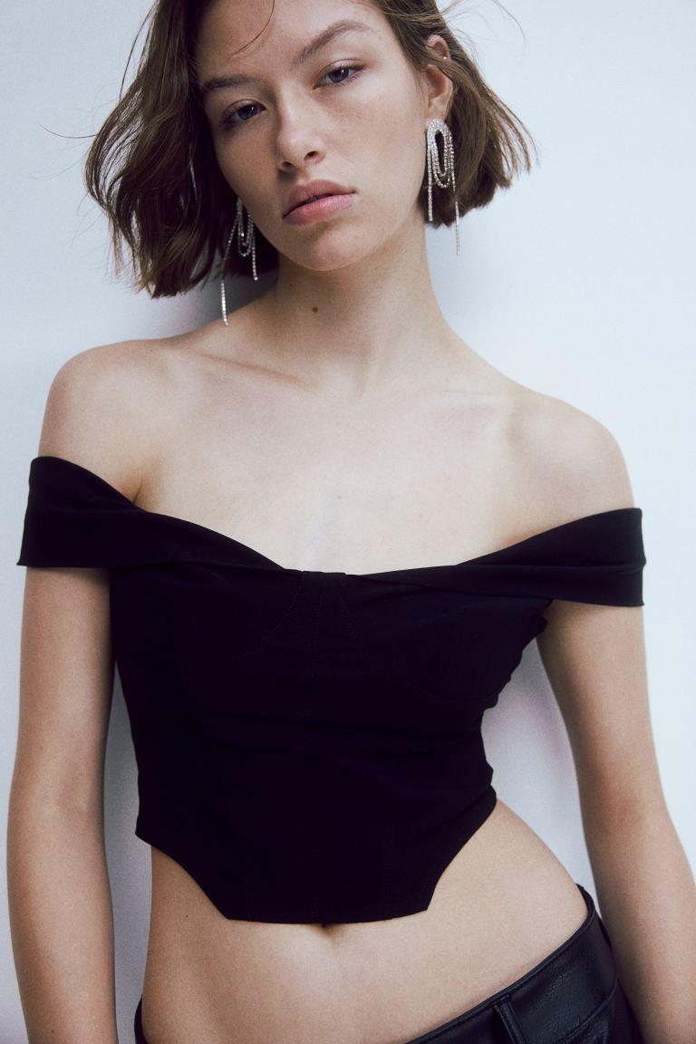 Off-the-shoulder corset top - Black - Ladies | H&M GB | H&M (UK, MY, IN, SG, PH, TW, HK)