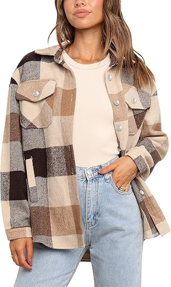 UANEO Womens Casual Plaid Wool Blend Button Down Long Sleeve Shirt Jacket Shackets | Amazon (US)