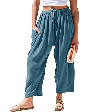 TARSE Womens Linen Wide Leg Pants Casual Loose Drawstring Summer Beach Travel Vacation Palazzo Ha... | Amazon (US)