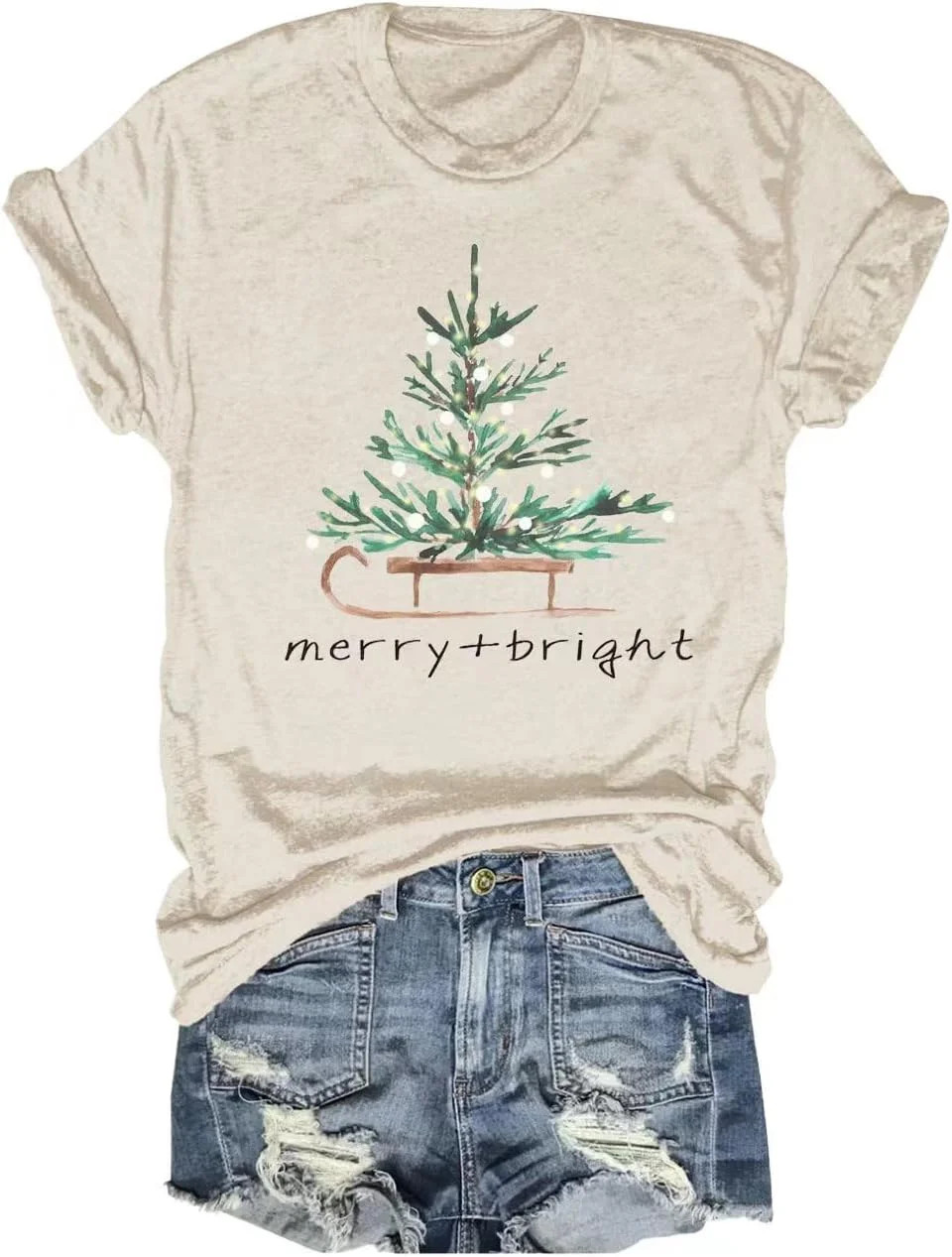 Womens Short Sleeve Merry Christmas T-Shirts Christmas Tree Bright Graphic Tee Tops (L,Tree Beige... | Walmart (US)