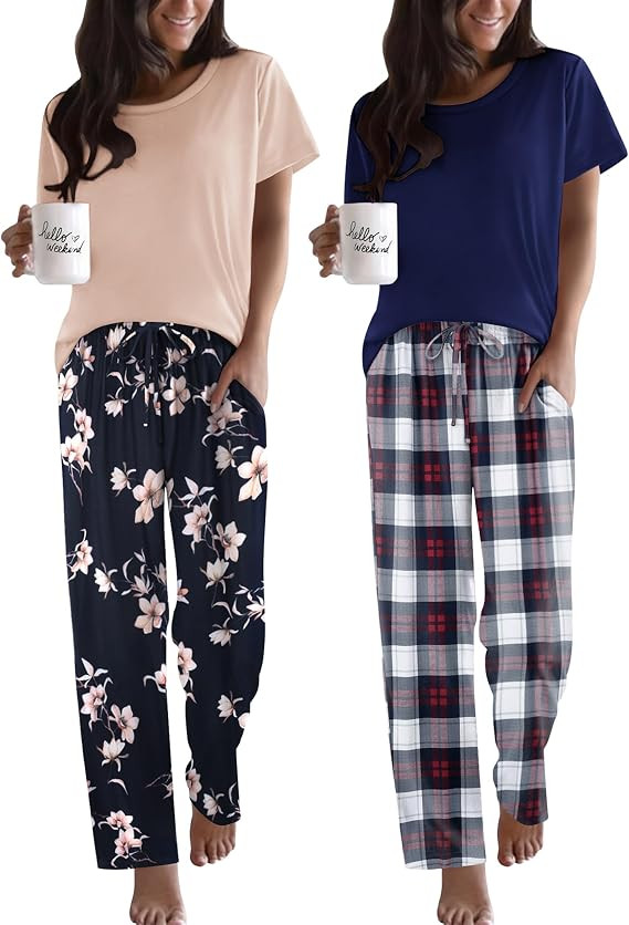 Ekouaer 2 Pack Pajamas for Women Set Short Sleeve Sleepwear Top and Pants Pjs Soft Printed Lounge... | Amazon (US)