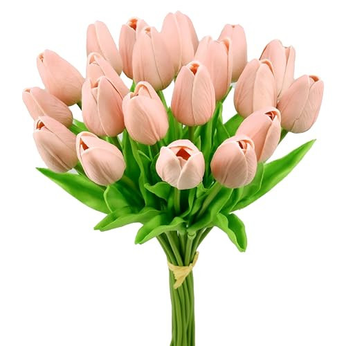 Mandy's Artificial Tulips 20 Stems Dusty Pink PU Faux Flowers for Valentine's Day and New Year Decorations Wedding Home Decor 13.5 Inch | Amazon (US)