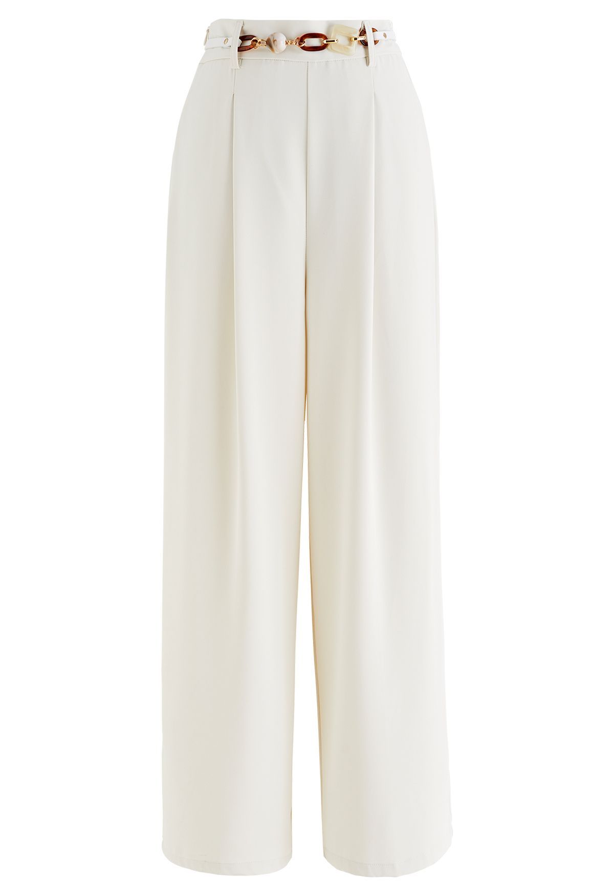 Pleat Front Wide-Leg Belted Pants in Ivory | Chicwish