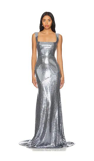 Square Neck Sequined Gown in Steel | Silver Dress | Sequin Dress | Revolve Clothing (Global)