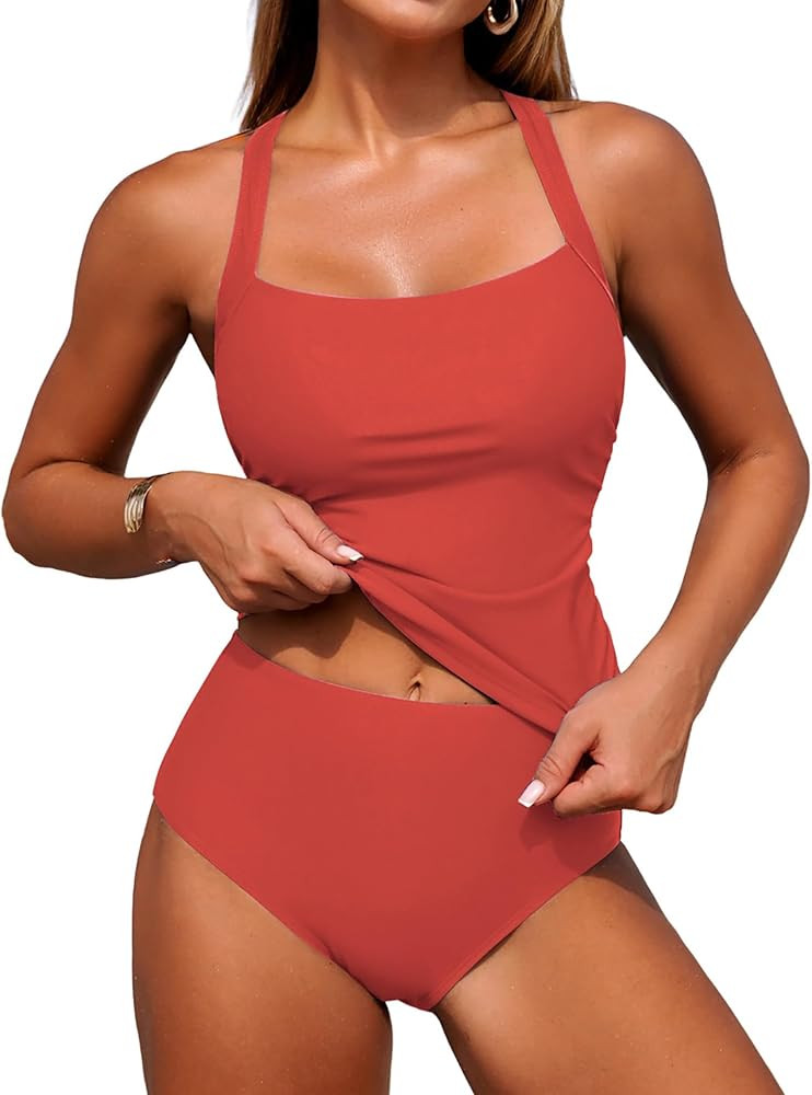 ZAFUL Women's Tankini Swimsuits Tummy Control Swimwear Two Piece Bathing Suits Swim Top with High... | Amazon (US)