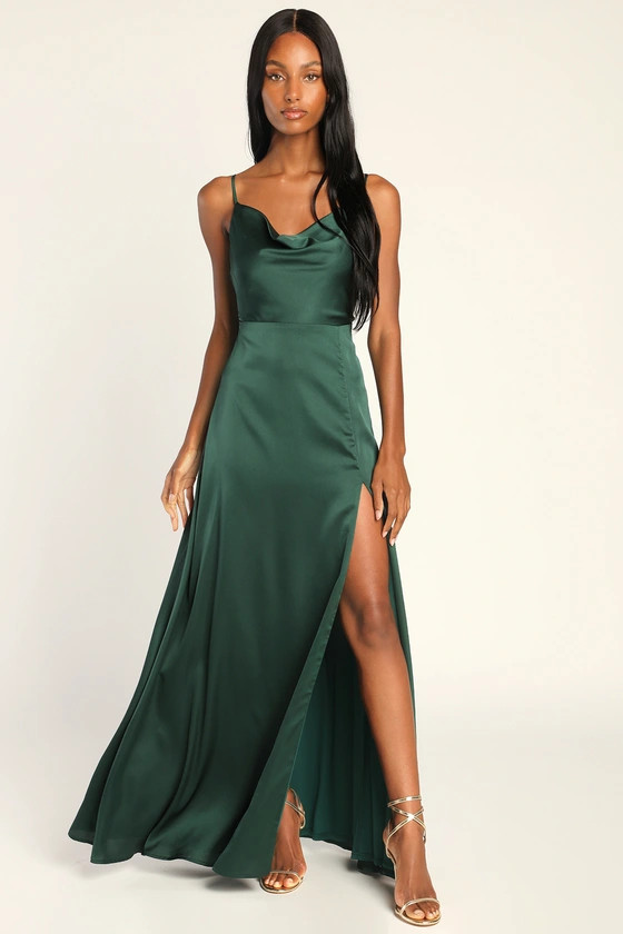 Formal Invitation Emerald Green Satin Cowl Neck Maxi Dress | Lulus