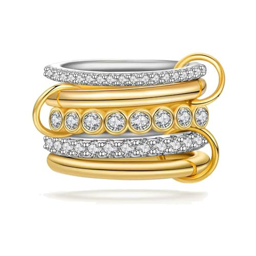 BROCC Stackable Rings for Women 18K Gold Plated Non Tarnish Cubic Zirconia Two-Toned Connected Bands Silver Gold Multi Ring Mixed Metals Stacking Rings Set | Amazon (US)