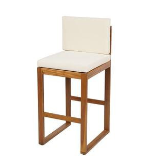 Teak Finish Acacia Wood Outdoor Bar Stool with Beige Cushion (Set of 2) | The Home Depot