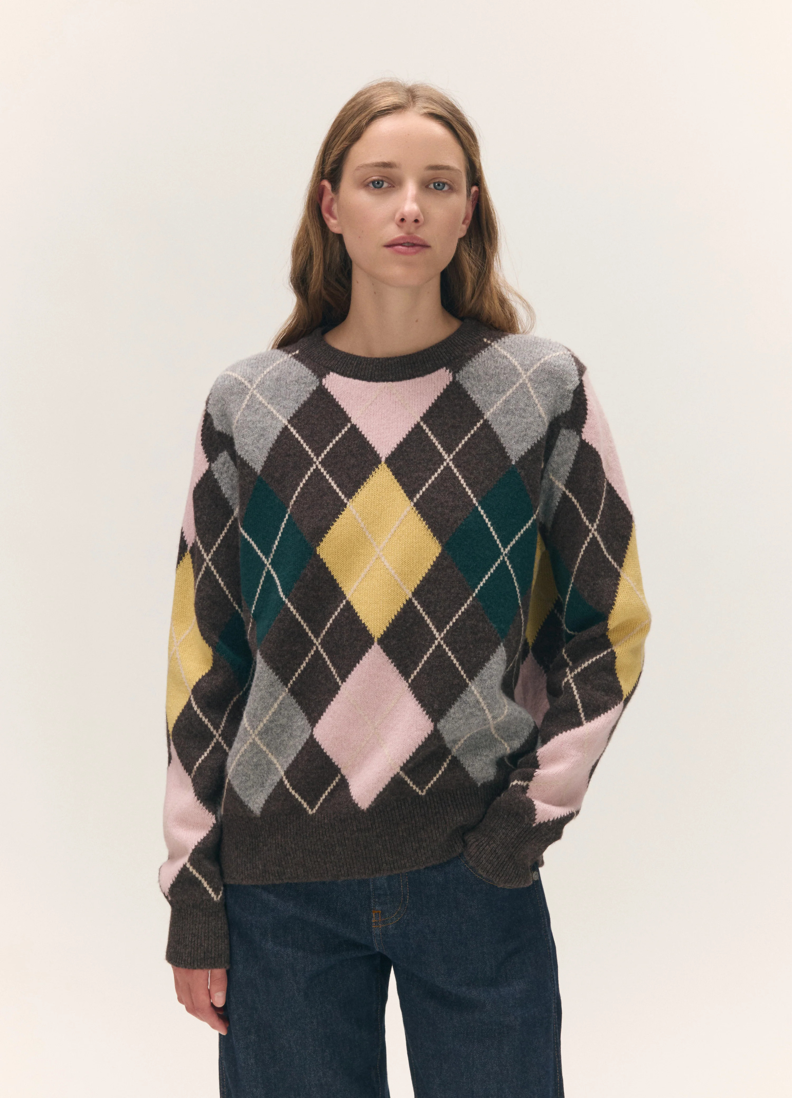 Ava Argyle Crewneck in Brown with Pale Pink & Yellow | & Daughter (Global)