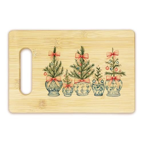 BEHIFL Blue and White Chinoiserie Christmas Tree Cutting Board, Coquette Grandmillennial Christmas Kitchen Decor, Preppy Pink Bow Xmas Tree Bamboo Cutting Board for Kitchen | Amazon (US)