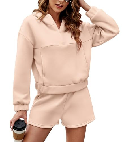 FKEEP Womens 2 Piece Sweatsuit Outfits Half Zip Hoodie Sweat with Shorts Pockets Lounge Winter Tracksuit Wear Matching Set | Amazon (US)