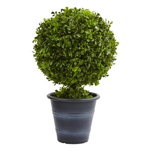 Nearly Natural 23" Faux Boxwood Ball Topiary with Planter in Green/Gray | Homesquare