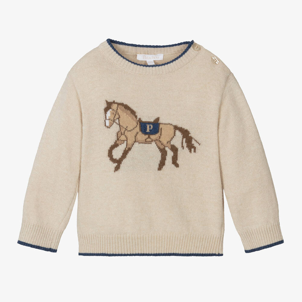 Boys Beige Wool Knit Horse Sweater | Childrensalon