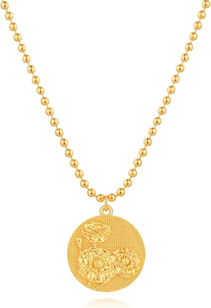 MEVECCO Gold Birth Flower Coin Necklace for Women 12 Month Flower Pendent 18K Gold Plated with Be... | Amazon (US)
