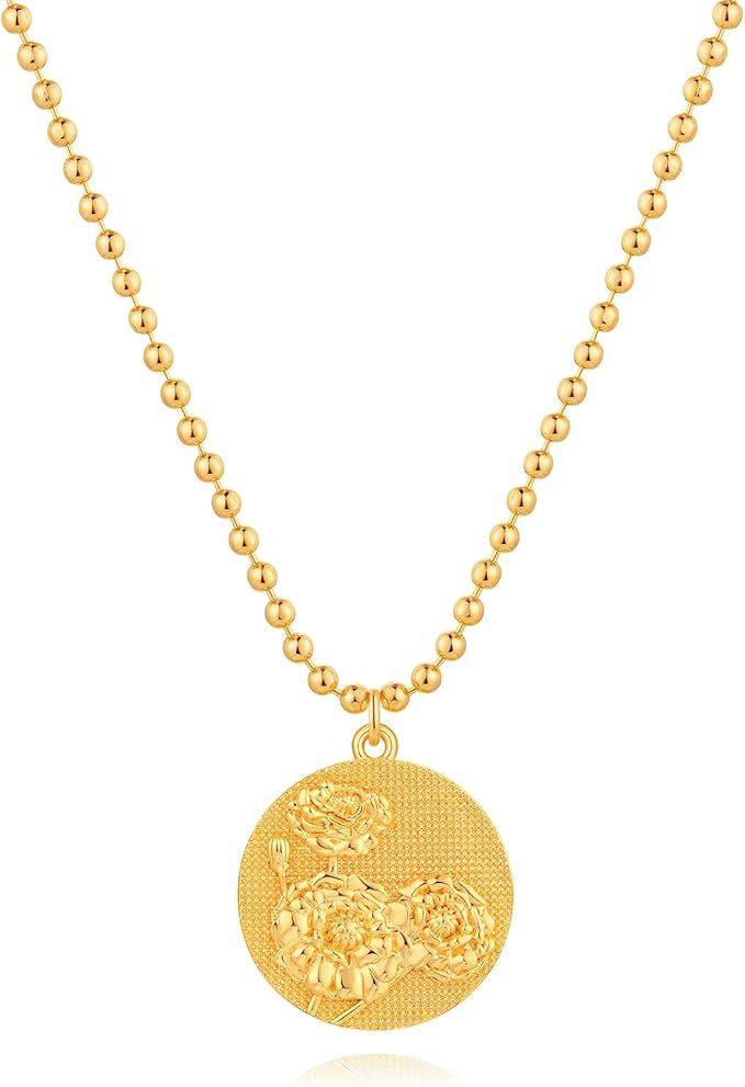 MEVECCO Gold Birth Flower Coin Necklace for Women 12 Month Flower Pendent 18K Gold Plated with Be... | Amazon (US)