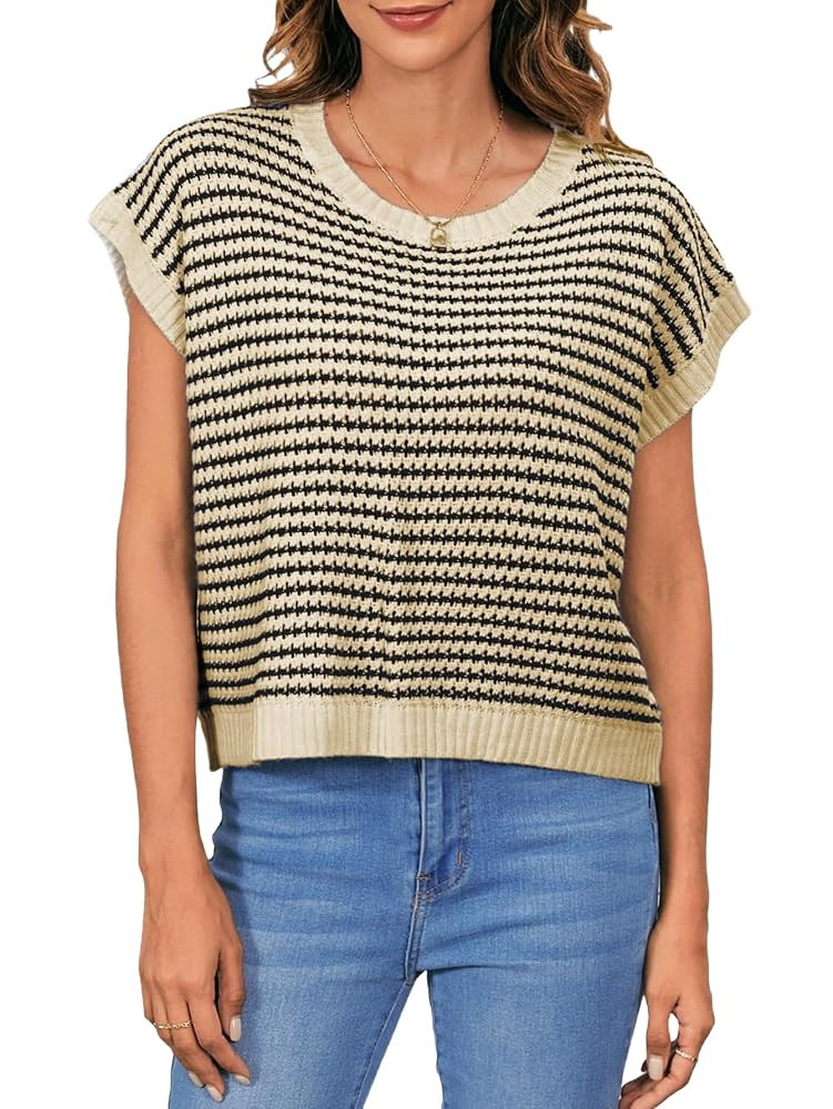 MakeMeChic Women's Striped Knit Vest Tops Short Sleeve Sweater Vest Tank Top | Amazon (US)