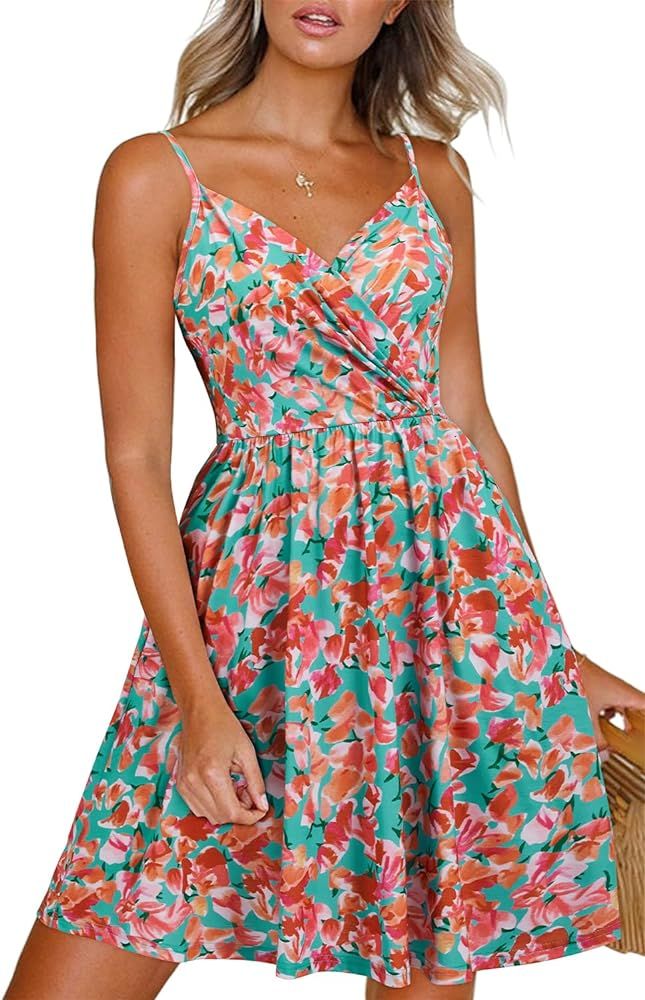 Newshows Women's Summer Dress Floral Spaghetti Strap Sleeveless V-Neck Casual Swing Sundress with... | Amazon (US)