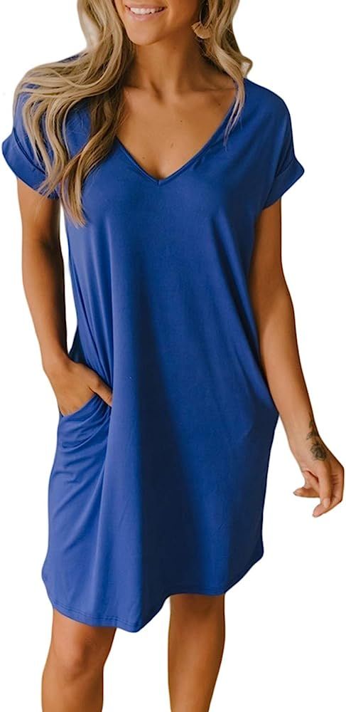 BTFBM Women V-Neck Short Sleeve Solid Color Casual Loose Fit T-Shirt Tunic Dress Pajamas with Two... | Amazon (US)