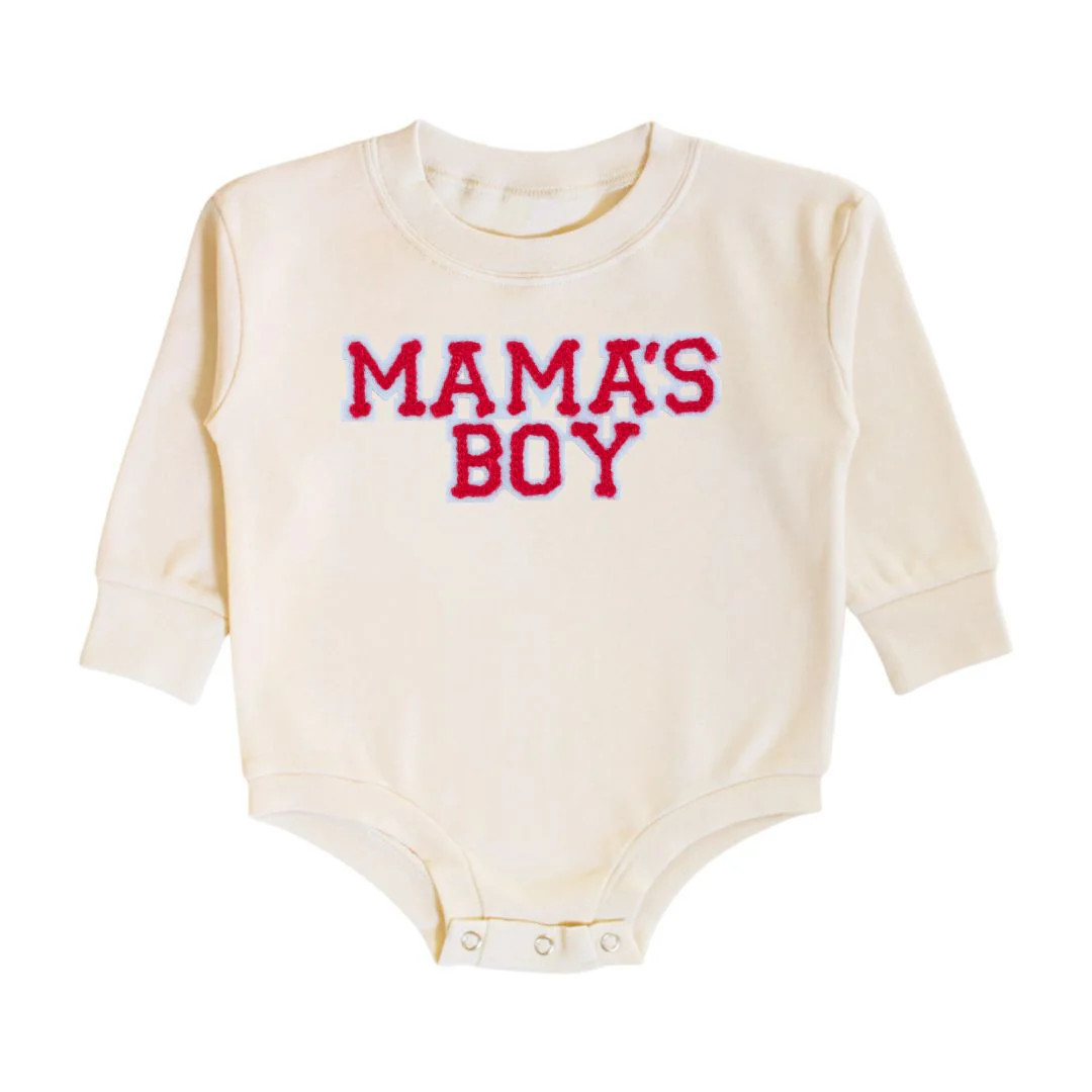Mama's Boy Patch Valentine's Day Long Sleeve Romper - Natural | Sweet Wink