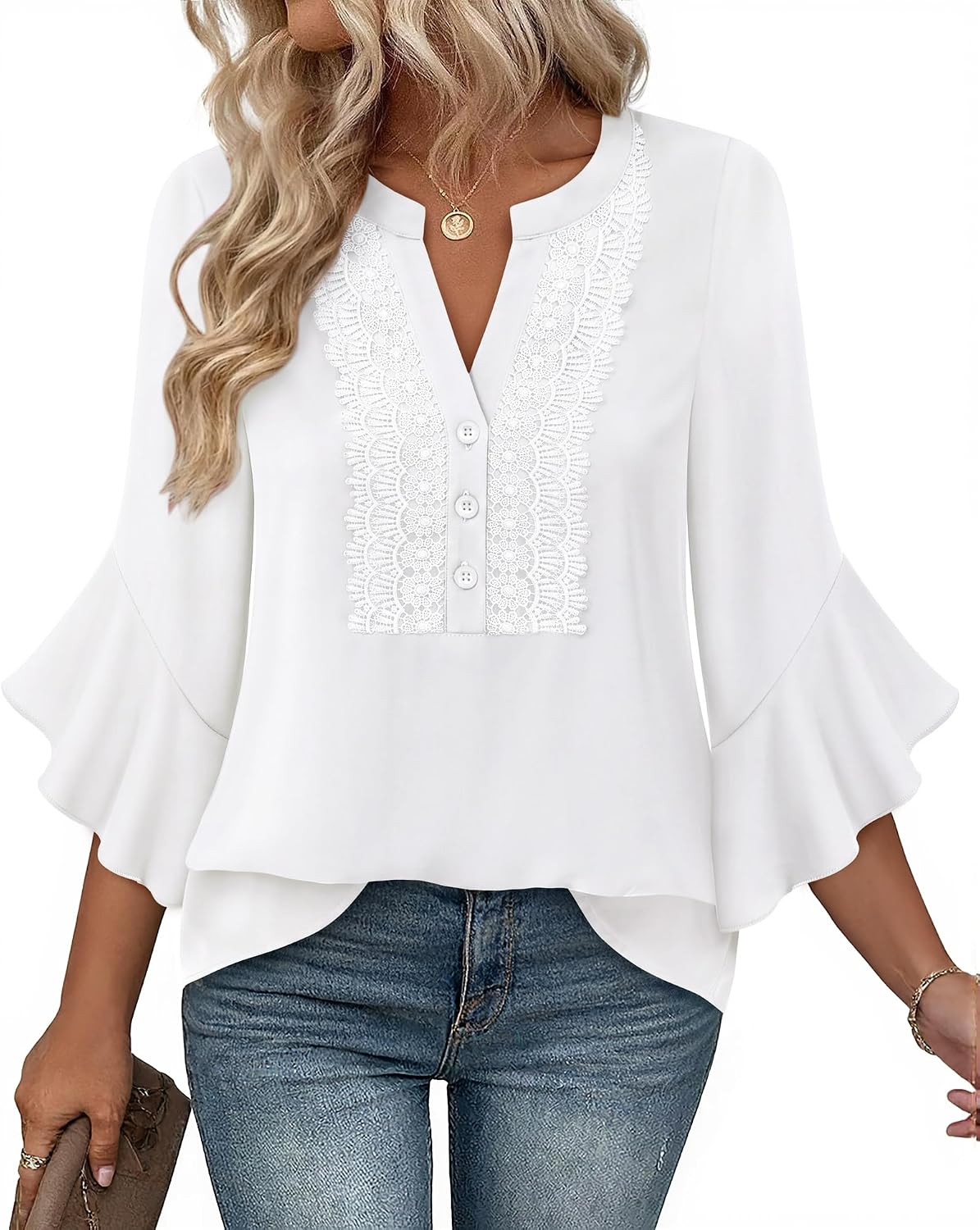 Gaharu Women's 3/4 Ruffle Sleeve Button Down Shirts Lace Dressy Casual Top | Amazon (US)