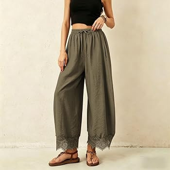 Women's Lace Hem Wide Leg Pants Summer Drawstring High Waist Ruffle Boho Beach Vacation Barrel Pa... | Amazon (US)
