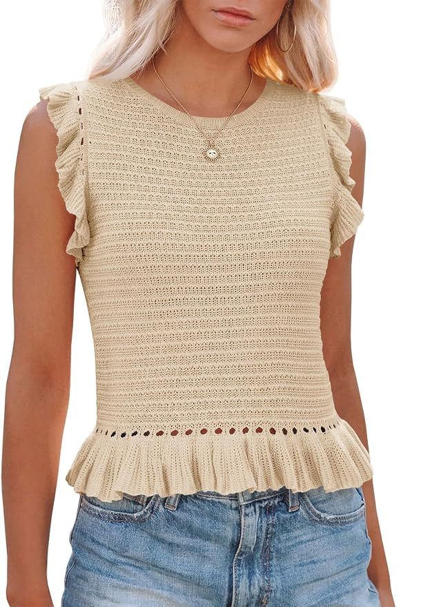 PiePieBuy Women's Summer Knit Tank Tops Crew Neck Sleeveless Cami Shirts Tees Ruffle Sweater Vest | Amazon (US)