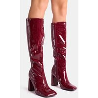 Zoya Burgundy Patent Slant Toe Block Heel Knee High Sock Boots | Public Desire (US & CA)