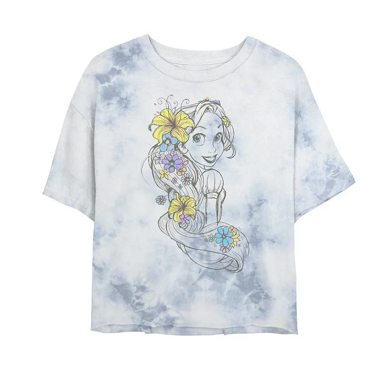 Juniors' Disney Princess Tangled Rapunzel Floral Pencil Sketch Bombard Wash Crop Graphic Tee, Women's, Size: Small, White Blue | Kohl's