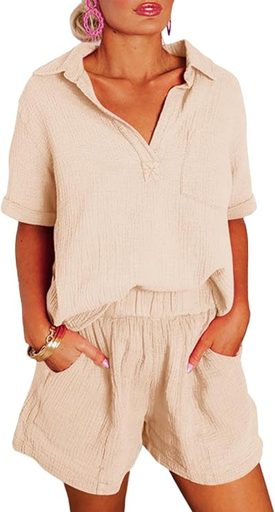 Dokotoo Women's Two Piece Outfits V Neck Short Sleeve Shirts and High Waist Shorts Lounge Sets | Amazon (US)