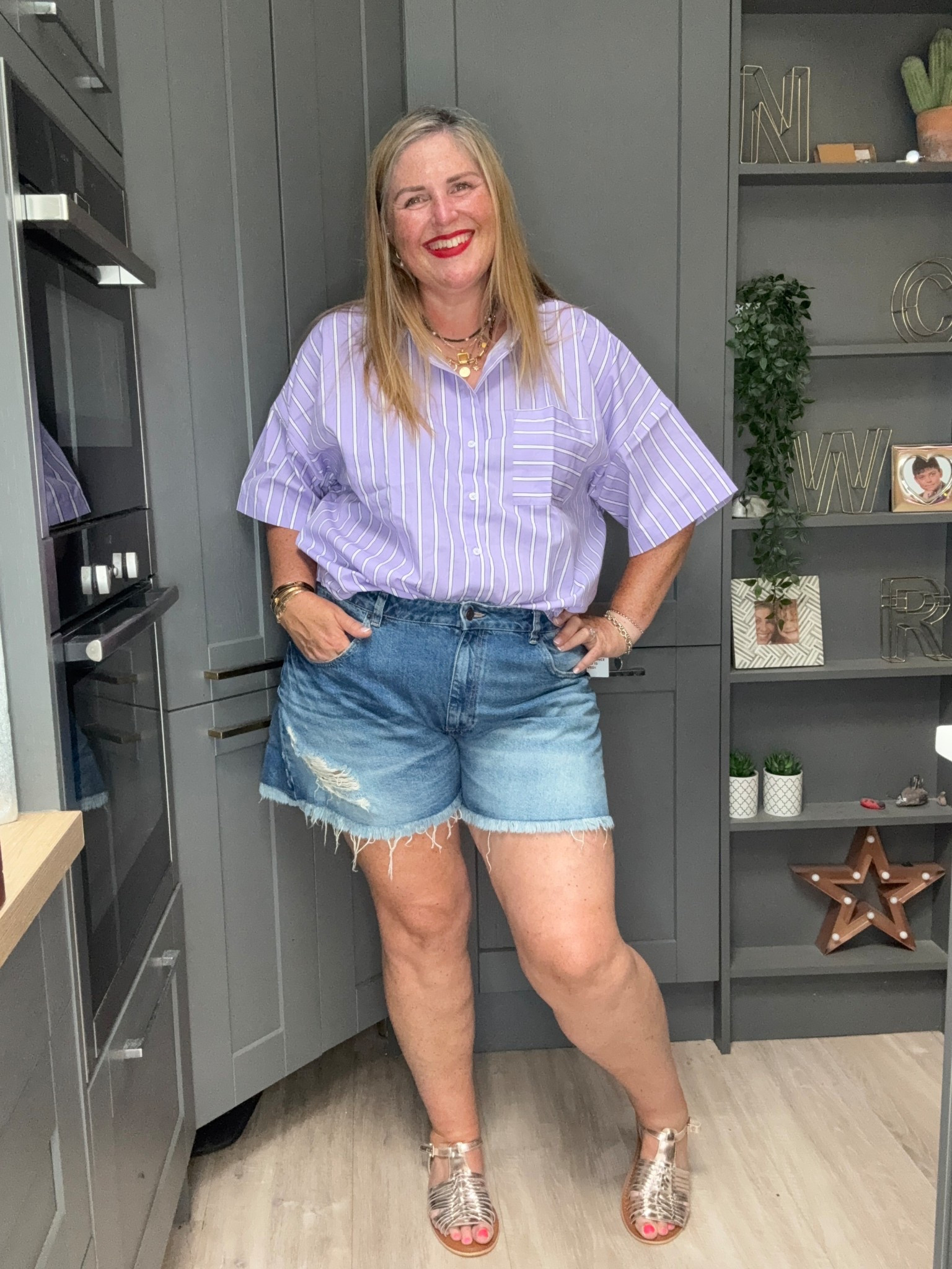 Denim shorts, striped short sleeve shirt, gold sandals

#LTKsummer #LTKplussize #LTKcurves