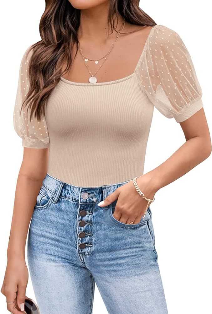 DOROSE Womens Summer Tops Sexy Casual Mesh Short Sleeve Shirts Blouses | Amazon (US)
