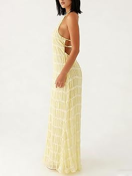 Women's Backless Smocked Maxi Dress Sexy Spaghetti Strap Cut Out Flowy Beach Long Dress Vacation ... | Amazon (US)