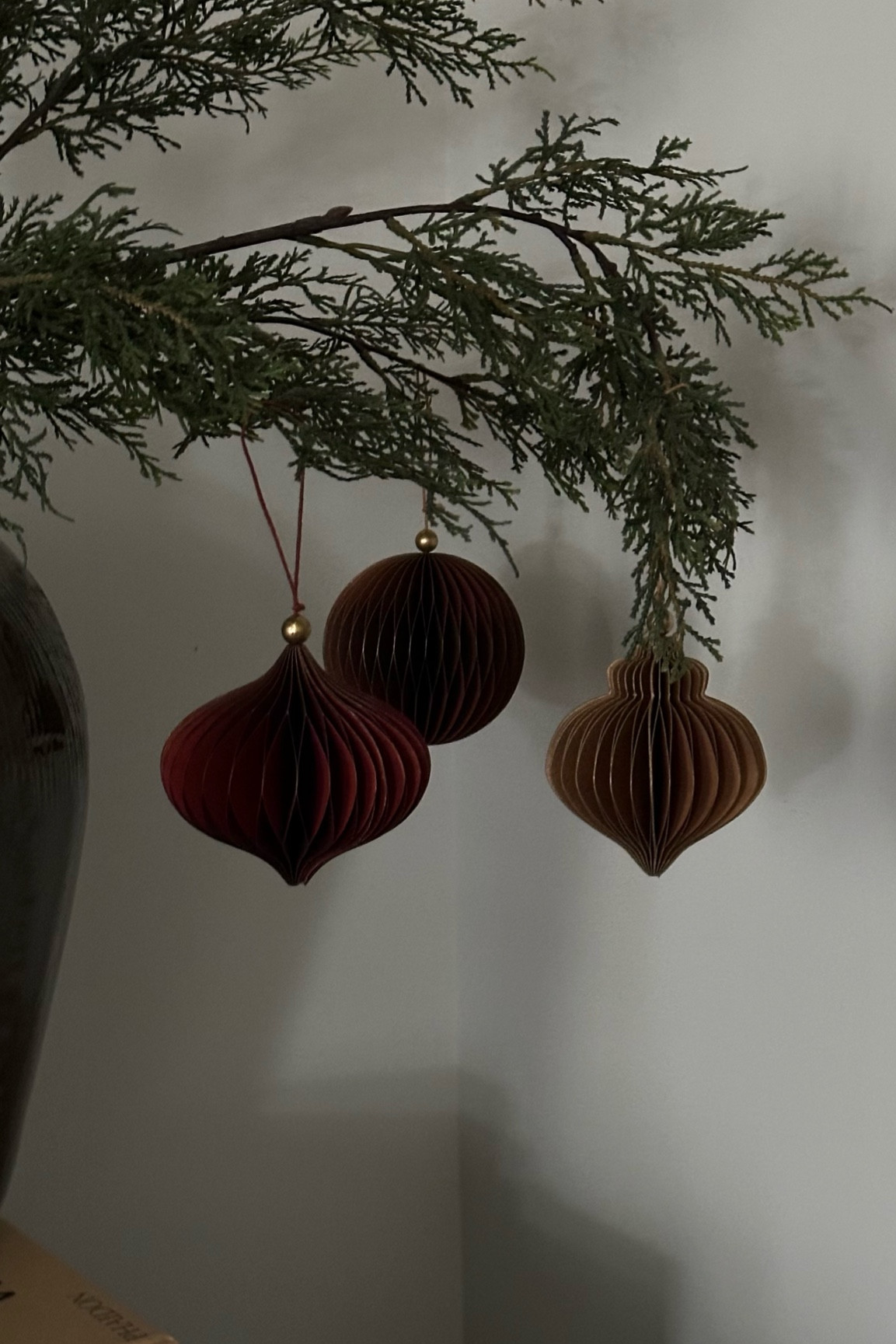 gorgeous paper ornaments set of 3- two brown tones and one deep red 

#LTKHome