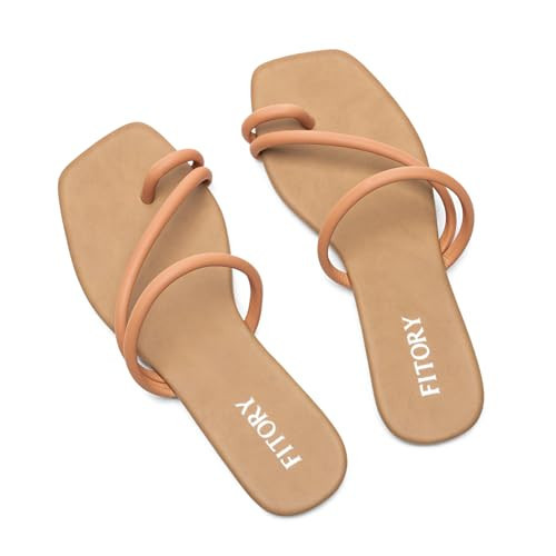 FITORY Women's Cross Strap Flat Sandals,Fashionable Toe Ring Thong,Open Toe Slide Shoes for Summer Camel Size 8 | Amazon (US)