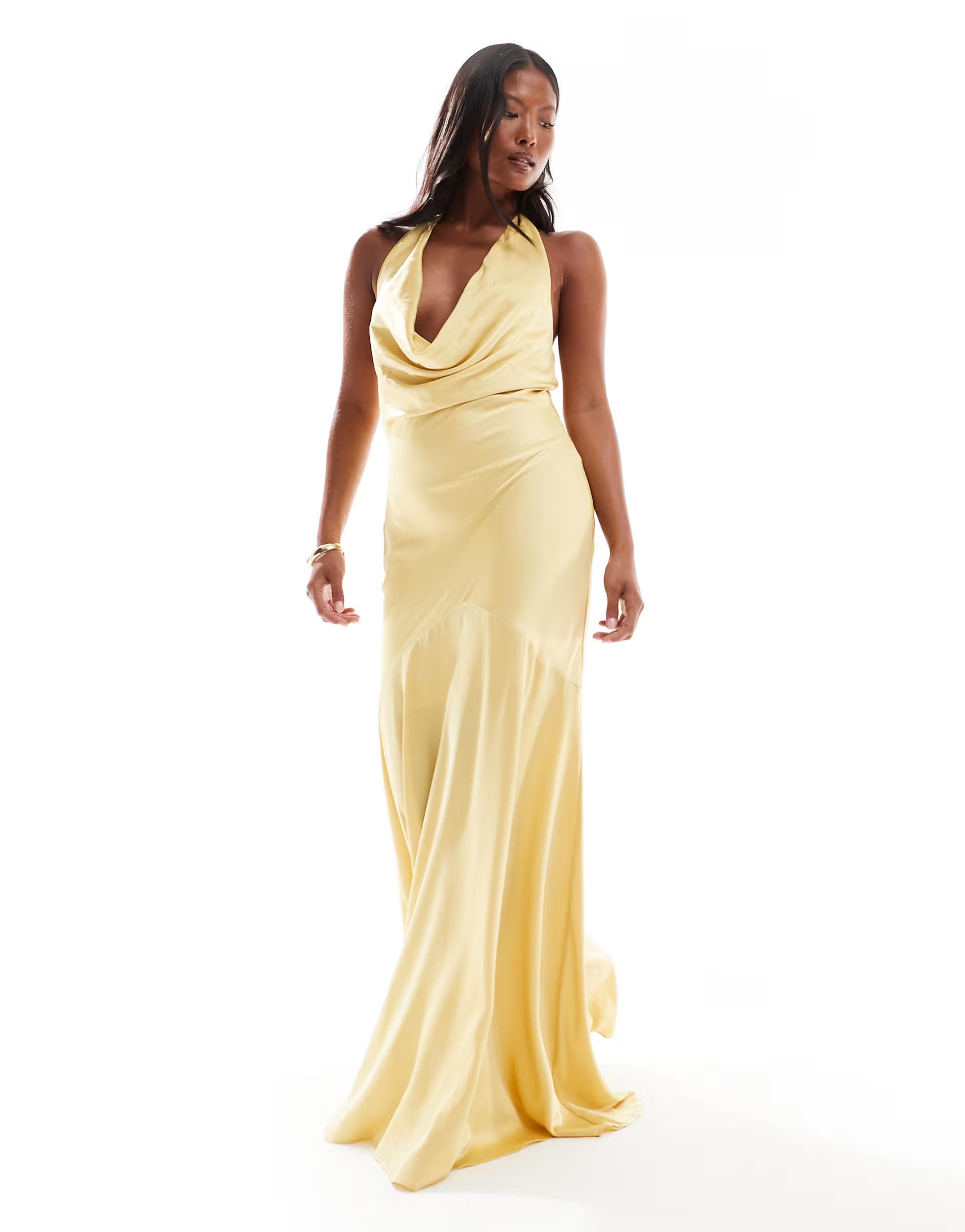 TFNC Petite Bridesmaid cowl halterneck satin maxi dress in honey | ASOS (Global)