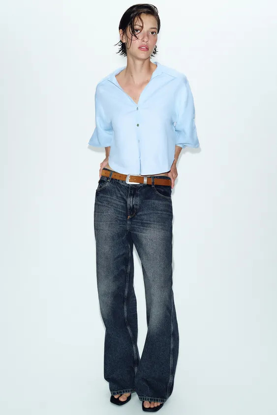 Linen blend shirt. Lapel collar with V-neckline and puff sleeves below the elbow. Front button cl... | Zara US