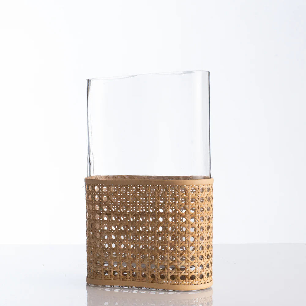 Tall Modern Eclectic Oval Glass Vase with Natural Woven Rattan Cover | Darby Creek Trading