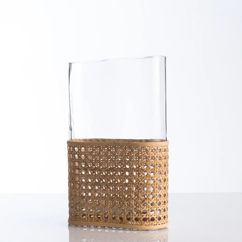 Tall Modern Eclectic Oval Glass Vase with Natural Woven Rattan Cover | Darby Creek Trading