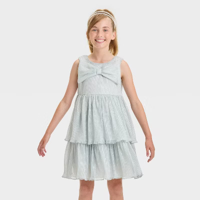 Girls' Sleeveless Tiered Bow Pleated Dress - Cat & Jack™ Silver XS | Target